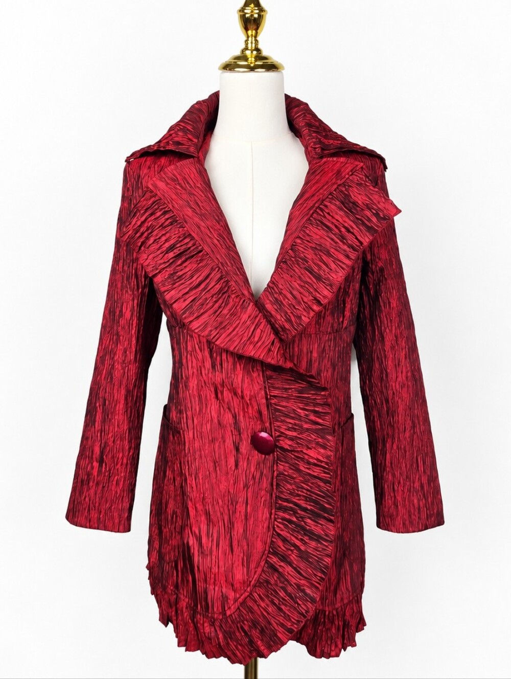 Jerry T Burgundy Crinkle Ruffle Jacket S Art to Wear Lagenlook Whimsigoth Topper